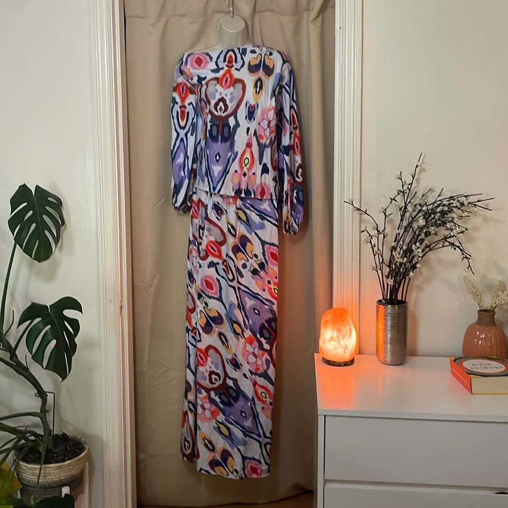 Colorful set with long skirt and cut out long sleeve shirt